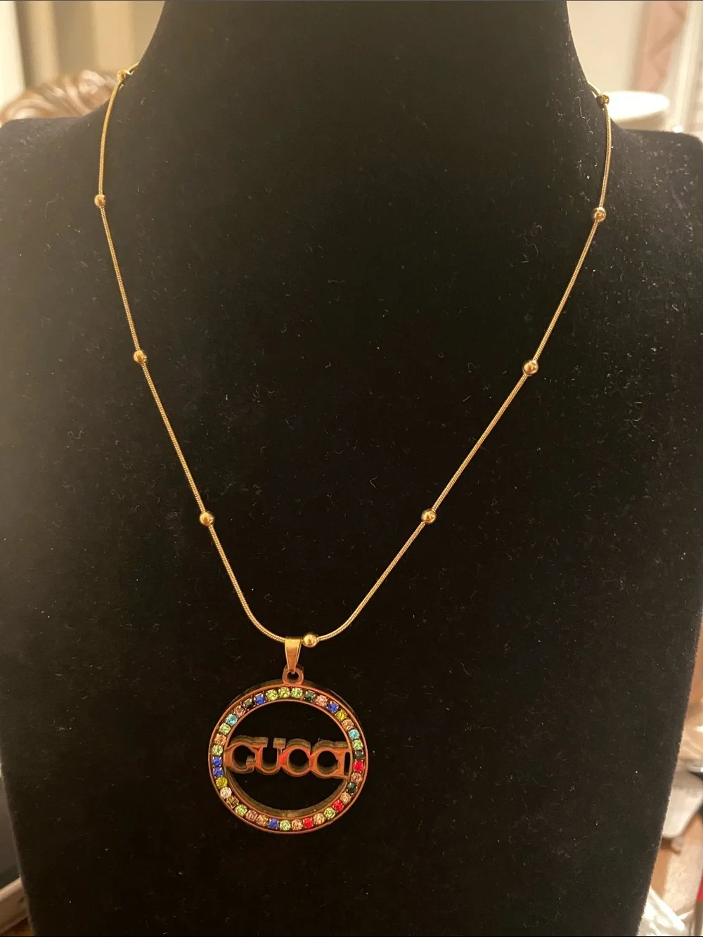Fashion Jewelry Gold-Tone Necklace with Multicolored Gem GG Circle Pendant